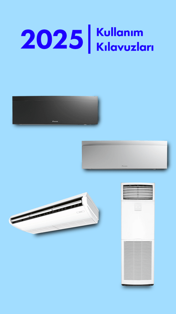 2025 yılına ait klima kullanım kılavuzları için dört farklı klima modeli, açık mavi arka planda görsel olarak sunulmuştur.